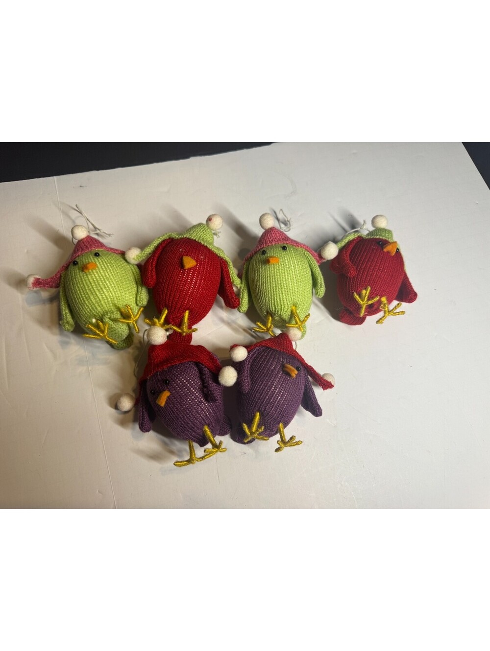Christmas Fabric Ornament Lot Of 6 Birds 2 Green 2 Red 2 Purple